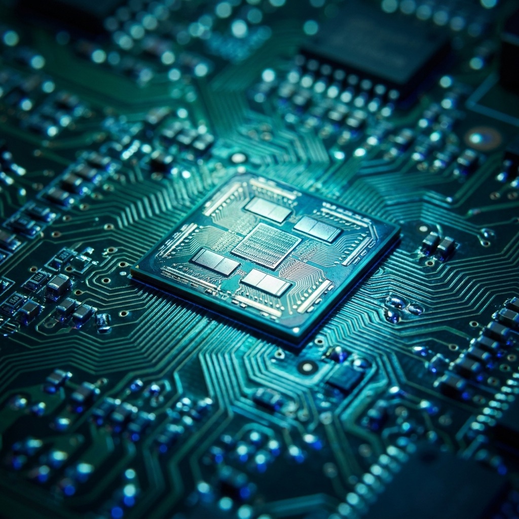 A glowing microchip on a circuit board