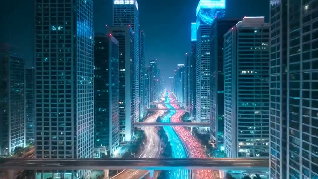 An aerial flythrough of a futuristic city skyline at night