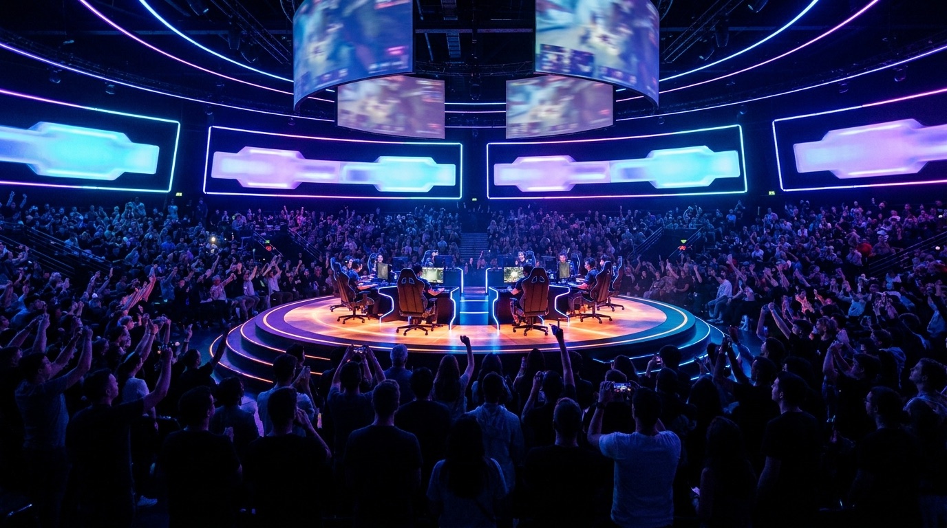 A futuristic esports arena with a glowing stage