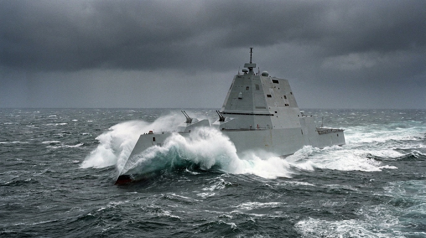 A naval destroyer at sea under a dramatic sky