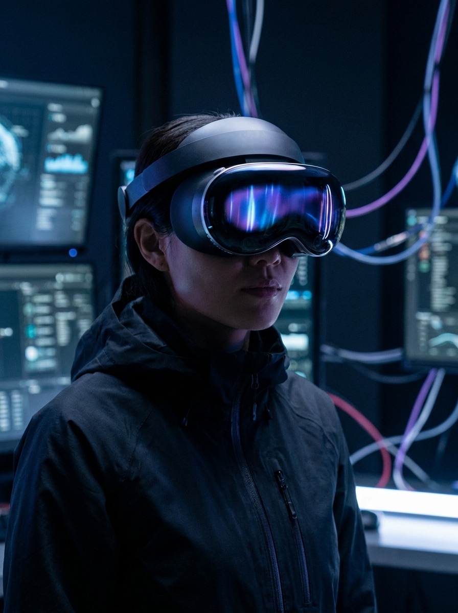 A person wearing an AR/VR headset with holographic reflections
